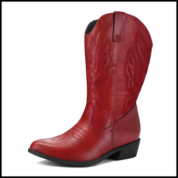 Wide Calf Cowboy Boots Pull-On Mid-Calf Embroidered Western Boots